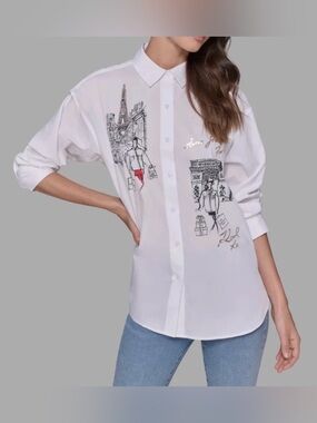 KARL LAGERFELD PARIS Embellished Oversized Poplin Button Down Shirt White Sz M
